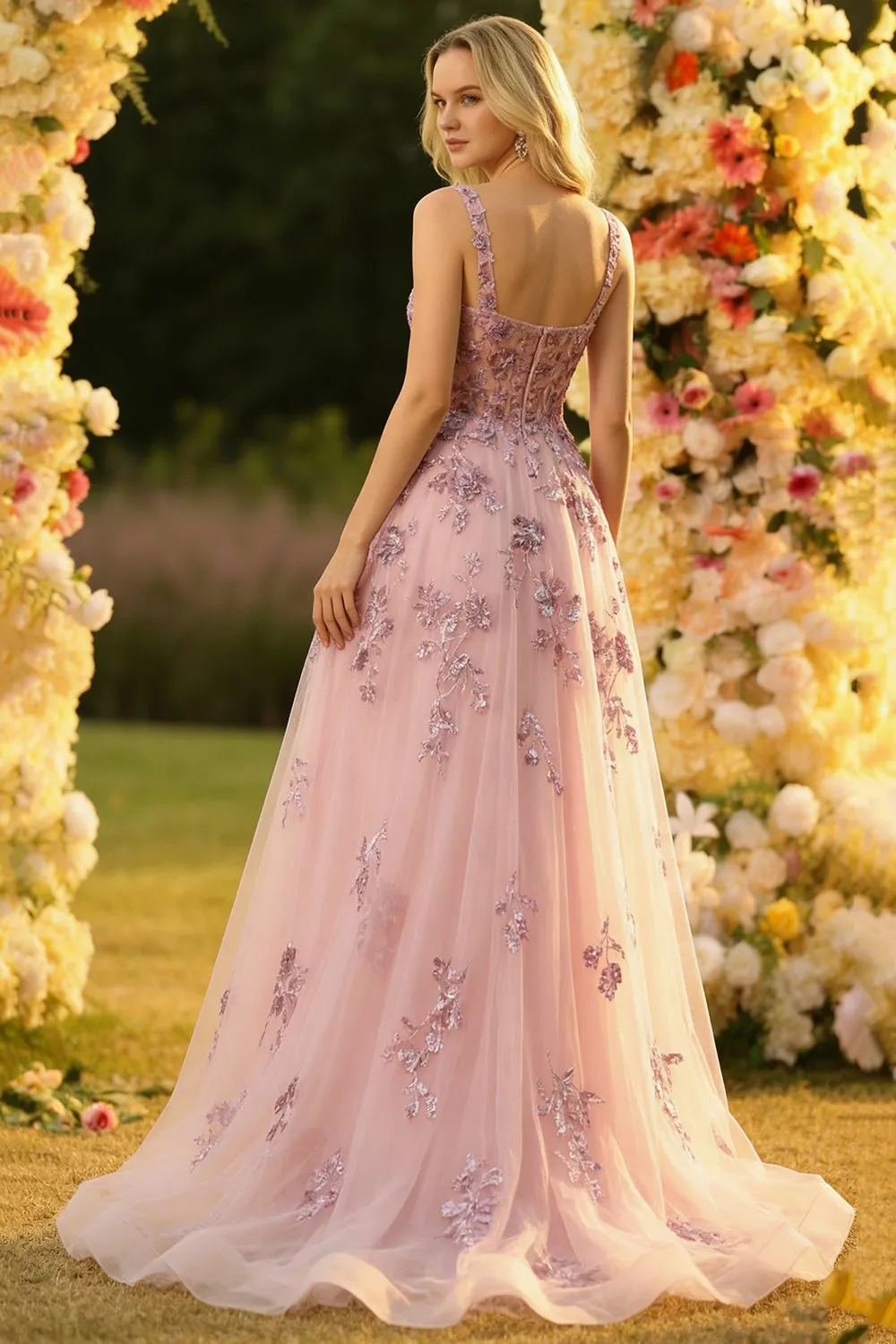 Blush A Line Embroidered Square Neck Long Tulle Prom Dress sold by Zapaka product image thumbnail 2