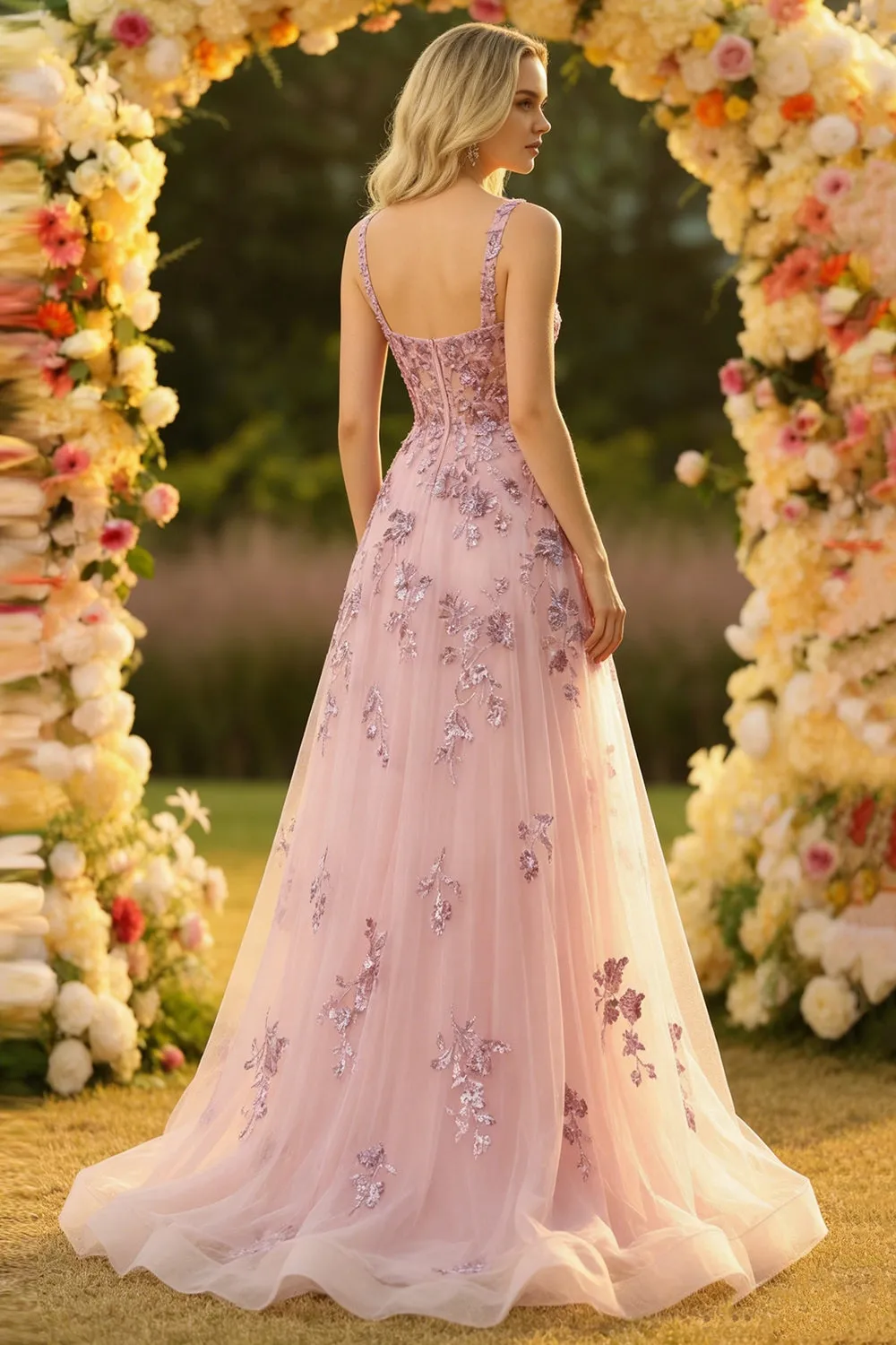 Blush A Line Embroidered Square Neck Long Tulle Prom Dress sold by Zapaka product image thumbnail 3