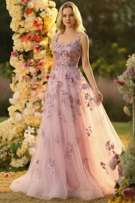 Blush A Line Embroidered Square Neck Long Tulle Prom Dress sold by Zapaka