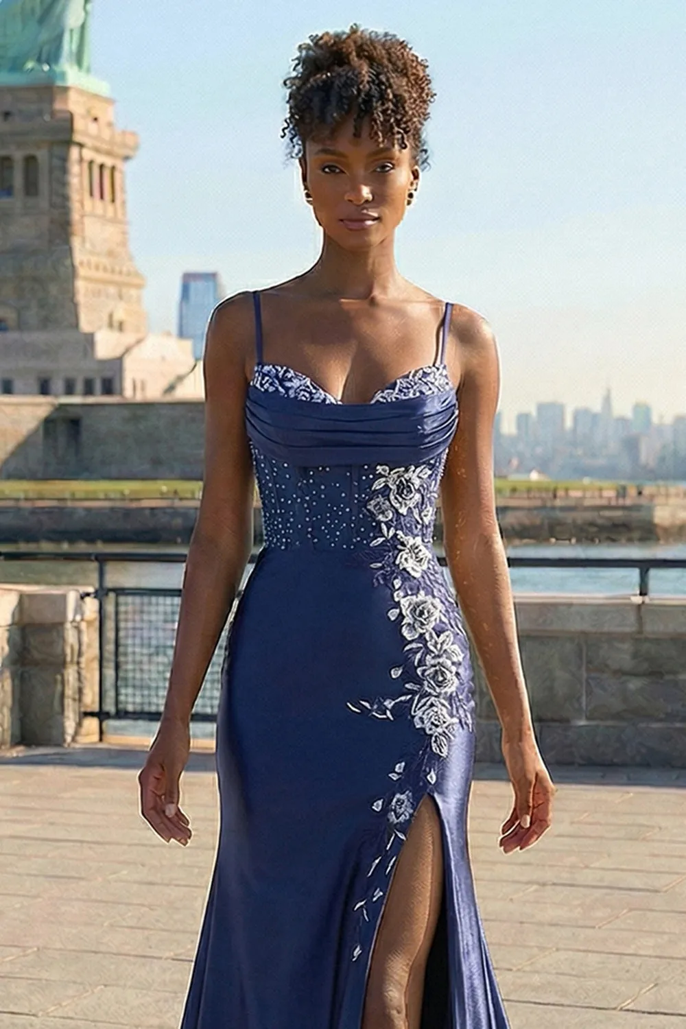 Navy Mermaid Corset Embroidered Satin Long Prom Dress with Slit sold by Zapaka product image thumbnail 3