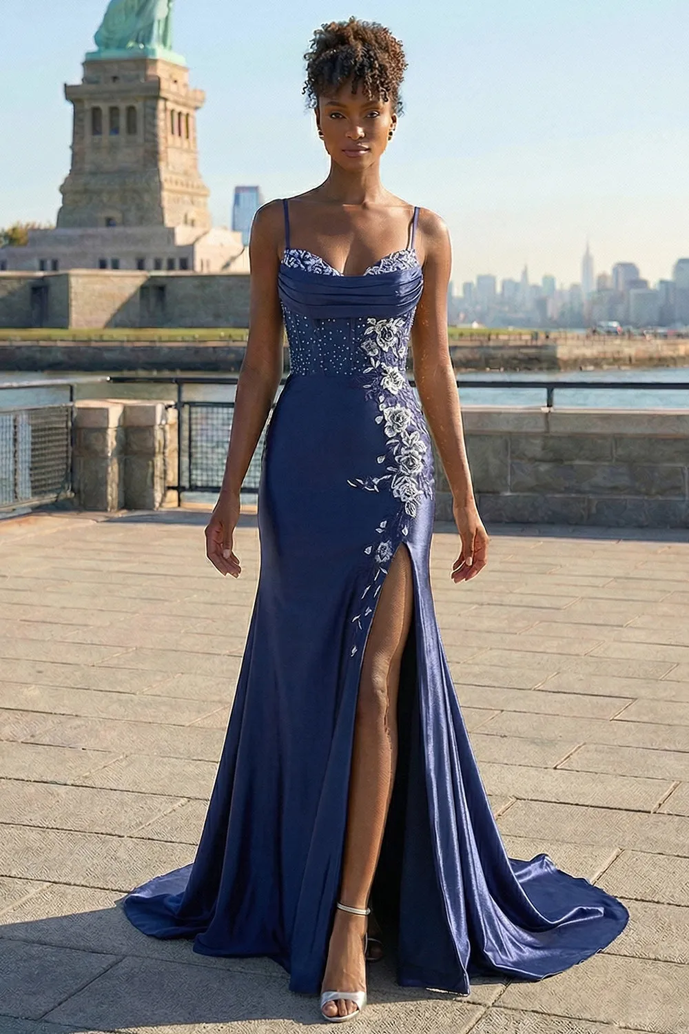Navy Mermaid Corset Embroidered Satin Long Prom Dress with Slit sold by Zapaka