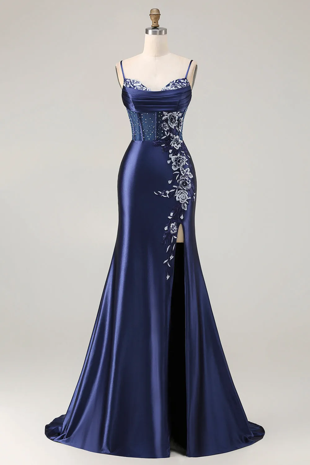 Navy Mermaid Corset Embroidered Satin Long Prom Dress with Slit sold by Zapaka product image thumbnail 4