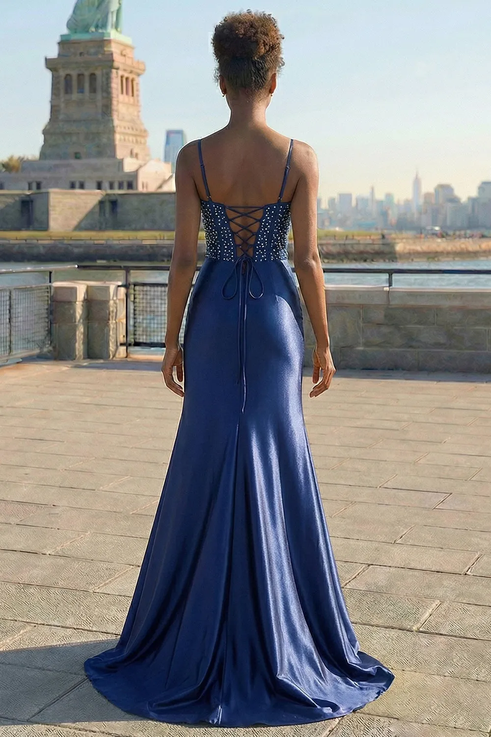 Navy Mermaid Corset Embroidered Satin Long Prom Dress with Slit sold by Zapaka product image thumbnail 2
