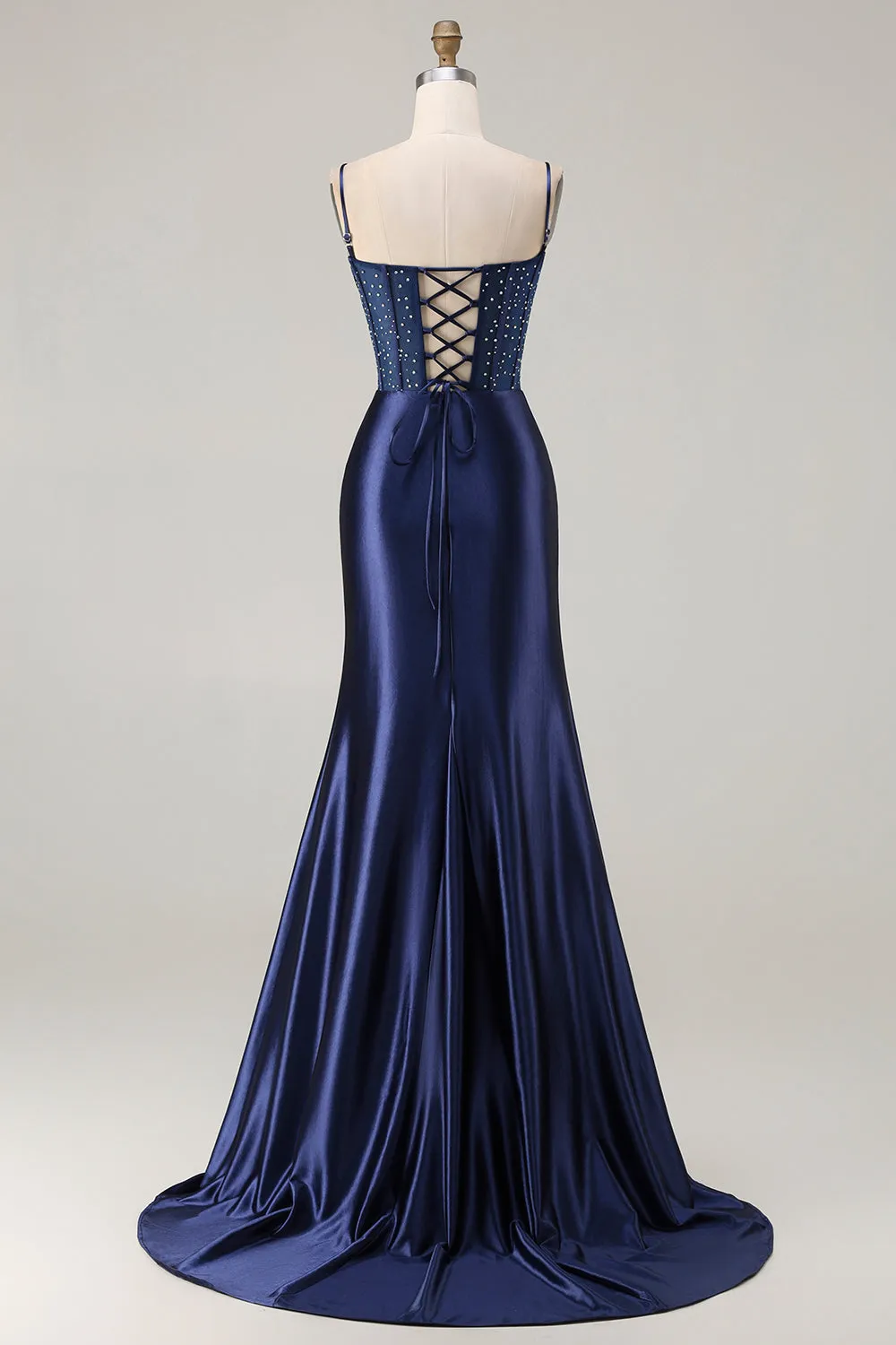 Navy Mermaid Corset Embroidered Satin Long Prom Dress with Slit sold by Zapaka product image thumbnail 5