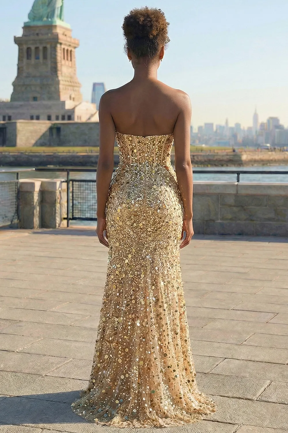 Sparkly Golden Sheath Strapless Sequin Long Prom Dress with Slit sold by Zapaka product image thumbnail 2