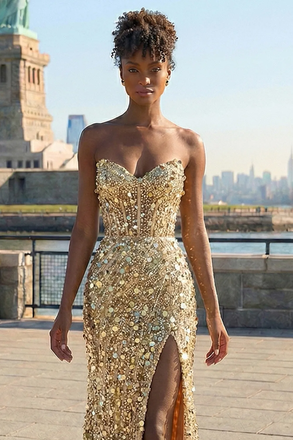 Sparkly Golden Sheath Strapless Sequin Long Prom Dress with Slit sold by Zapaka product image thumbnail 3