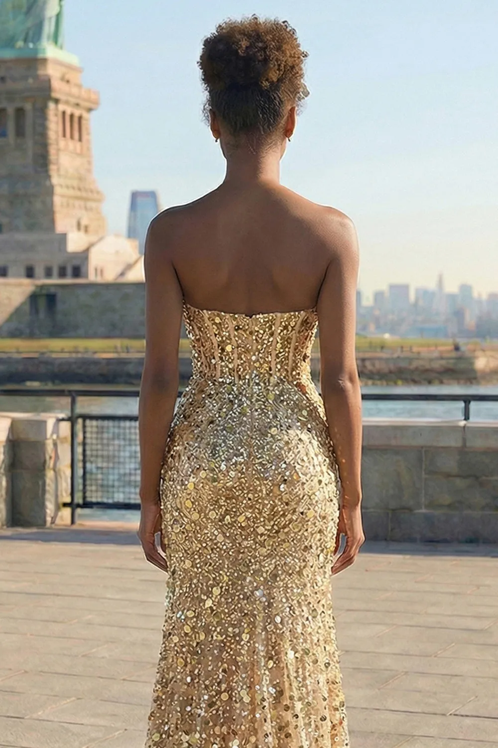 Sparkly Golden Sheath Strapless Sequin Long Prom Dress with Slit sold by Zapaka product image thumbnail 4