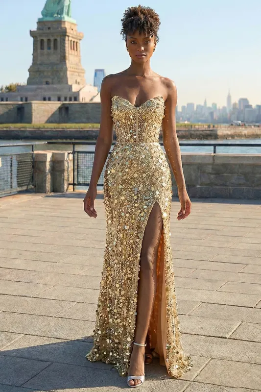 Sparkly Golden Sheath Strapless Sequin Long Prom Dress with Slit sold by Zapaka