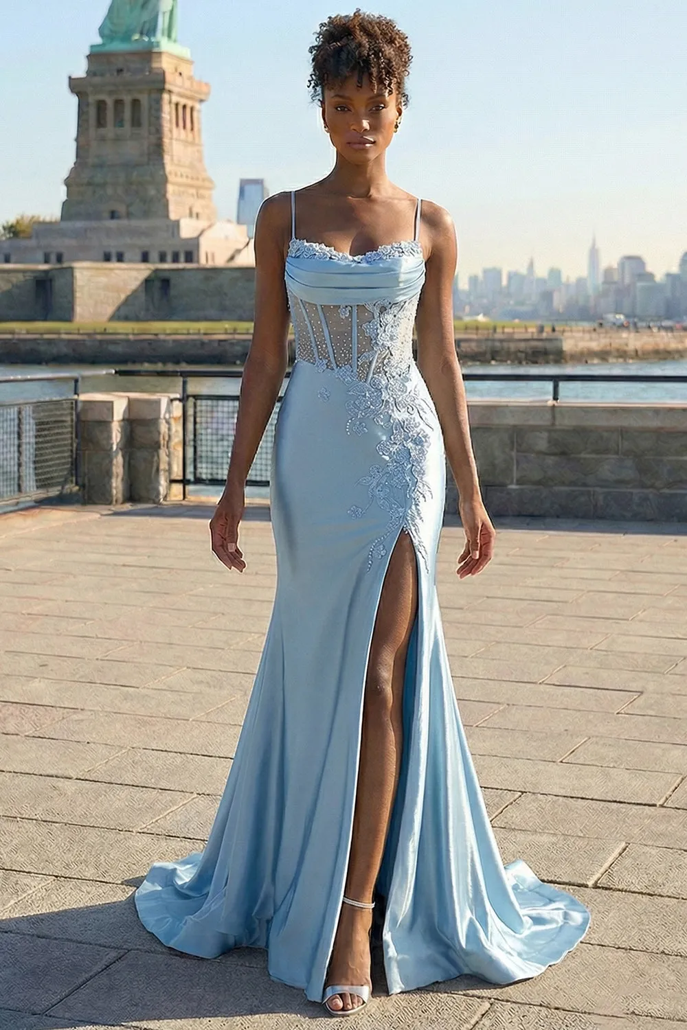 Mermaid Grey Blue Appliqued Corset Long Satin Prom Dress with Slit sold by Zapaka