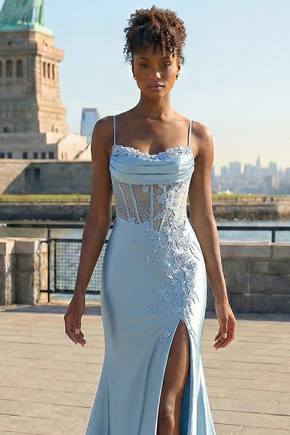 Mermaid Grey Blue Appliqued Corset Long Satin Prom Dress with Slit sold by Zapaka product image thumbnail 3