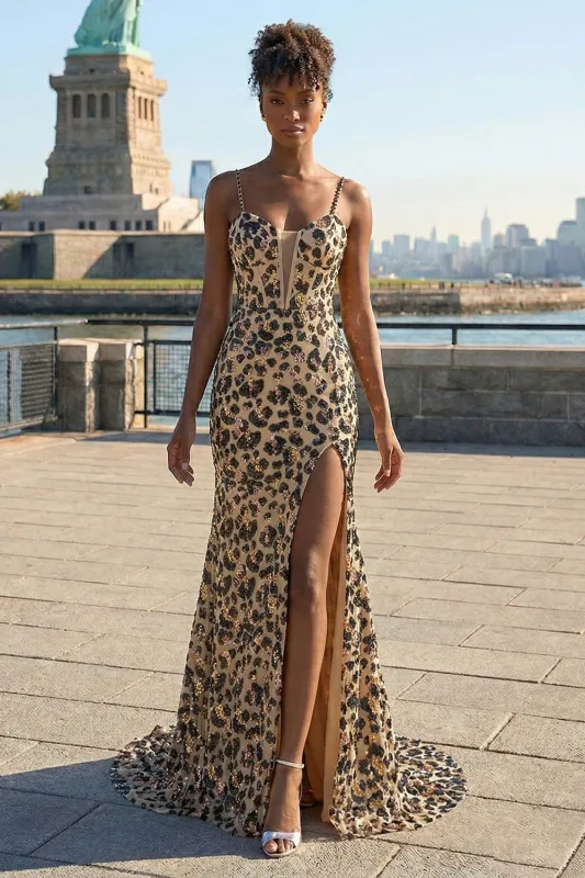 Khaki Leopard Mermaid Corset Sequin Long Prom Dress with Slit made by Zapaka