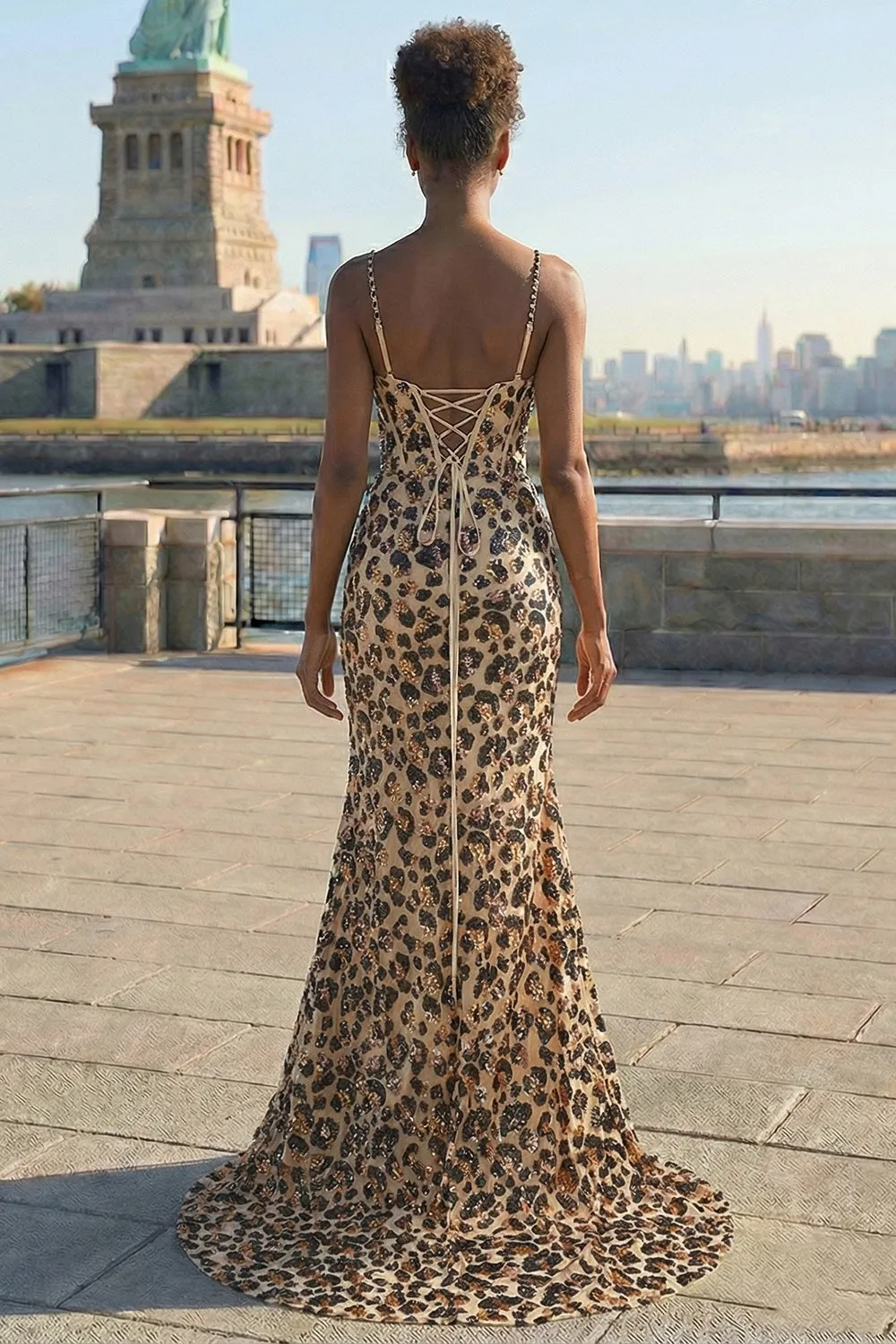 Khaki Leopard Mermaid Corset Sequin Long Prom Dress with Slit sold by Zapaka product image thumbnail 2