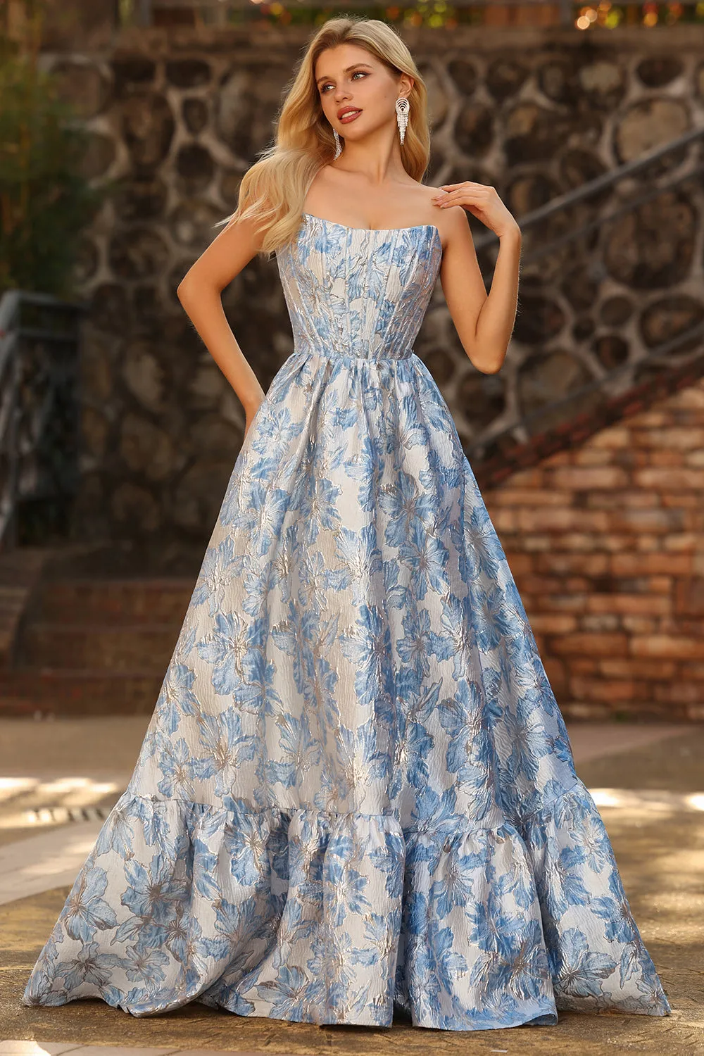 Light Blue A-Line Off The Shoulder Jacquard Brocade Convertible Long Prom Dress sold by Zapaka