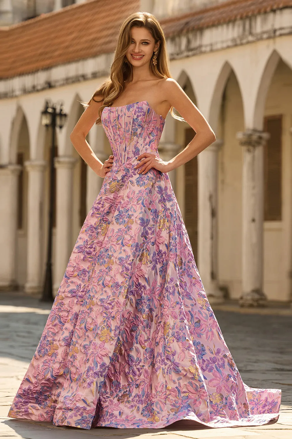 Lilac Strapless Jacquard A-Line Corset Brocade Long Prom Dress sold by Zapaka product image thumbnail 4