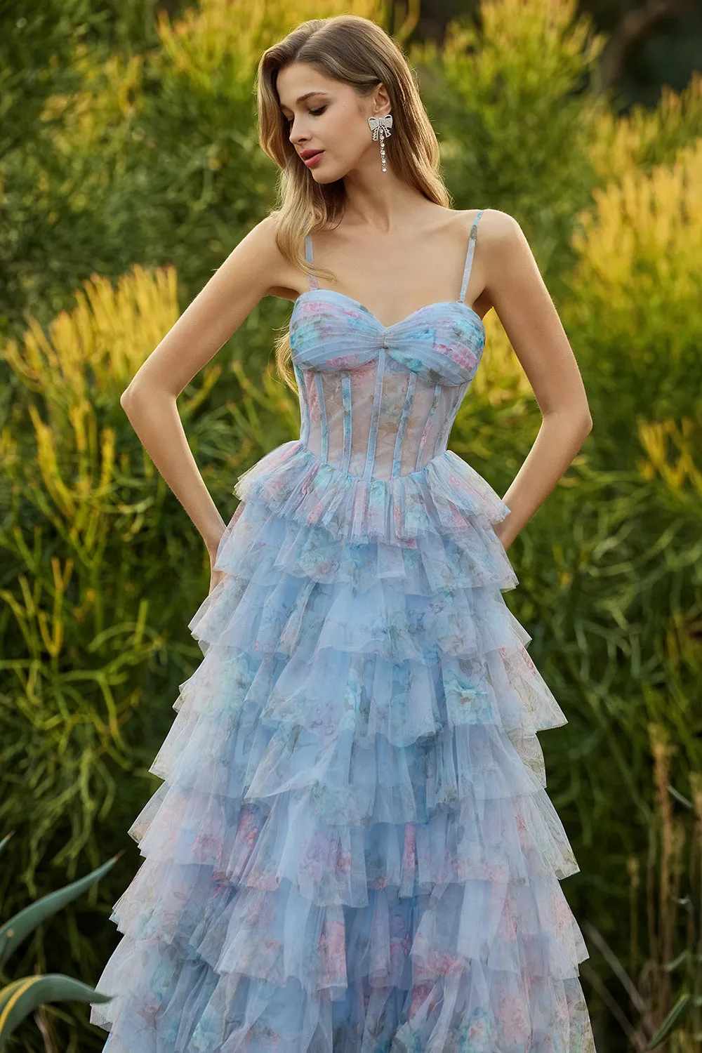 Blue A-Line Floral Tiered Ruffle Corset Long Prom Dress with Slit sold by Zapaka product image thumbnail 5