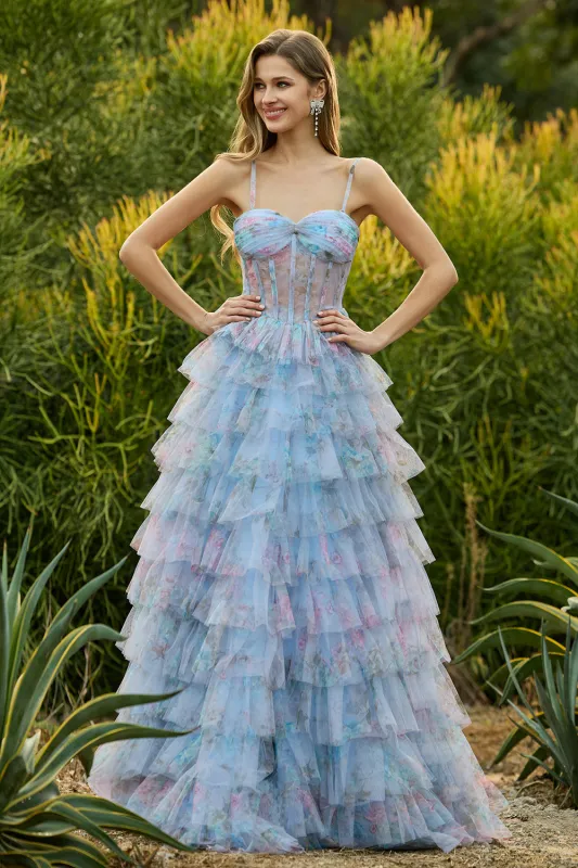 Blue A-Line Floral Tiered Ruffle Corset Long Prom Dress with Slit sold by Zapaka