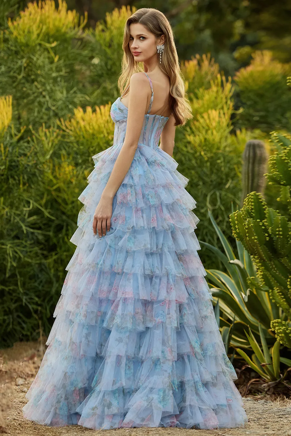 Blue A-Line Floral Tiered Ruffle Corset Long Prom Dress with Slit sold by Zapaka product image thumbnail 2