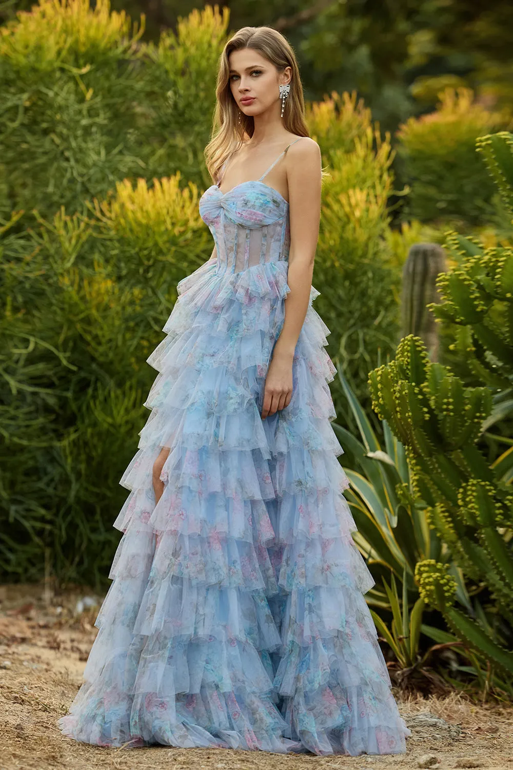 Blue A-Line Floral Tiered Ruffle Corset Long Prom Dress with Slit sold by Zapaka product image thumbnail 4