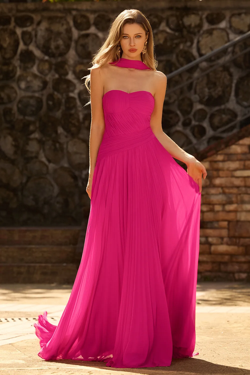 Fuchsia A Line Strapless Pleated Tulle Long Prom Dress with Streamer sold by Zapaka