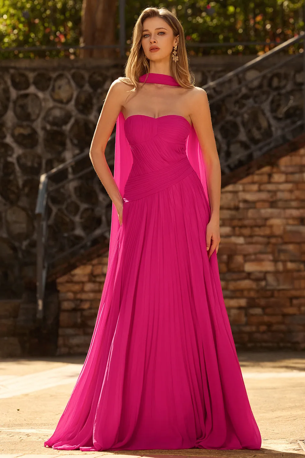Fuchsia A Line Strapless Pleated Tulle Long Prom Dress with Streamer sold by Zapaka product image thumbnail 4