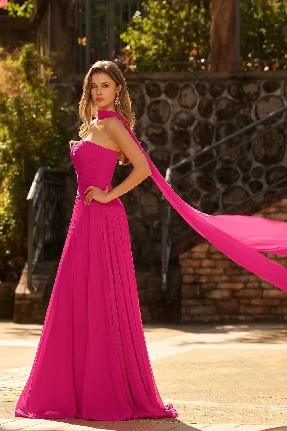 Fuchsia A Line Strapless Pleated Tulle Long Prom Dress with Streamer sold by Zapaka product image thumbnail 3