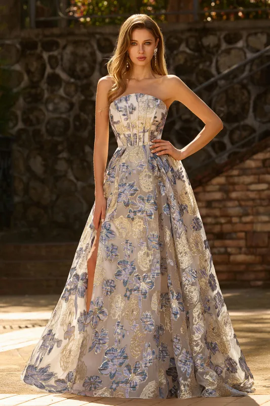 Strapless Dusty Blue Corset A Line Floral Brocade Long Prom Dress with Slit sold by Zapaka