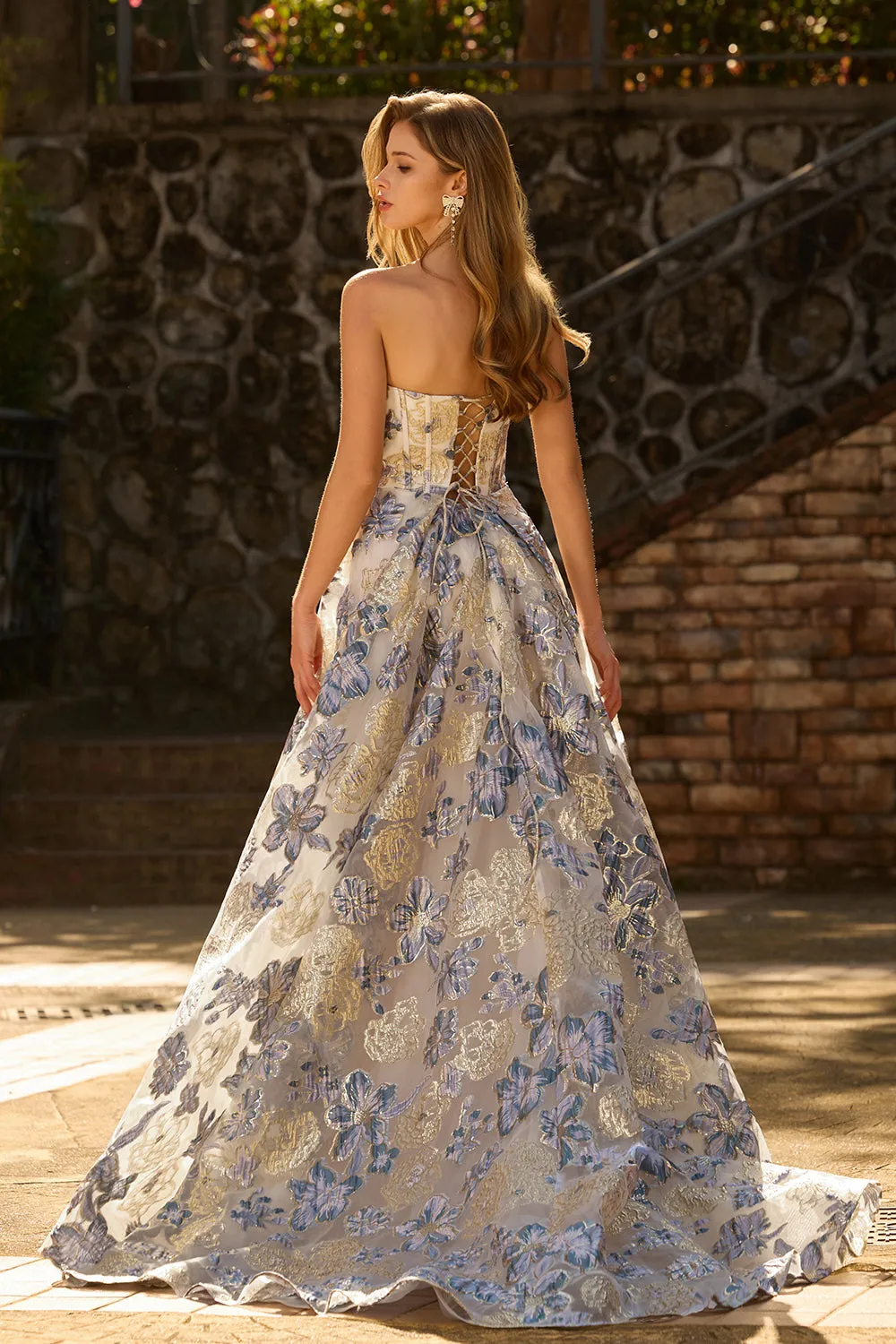 Strapless Dusty Blue Corset A Line Floral Brocade Long Prom Dress with Slit sold by Zapaka product image thumbnail 2