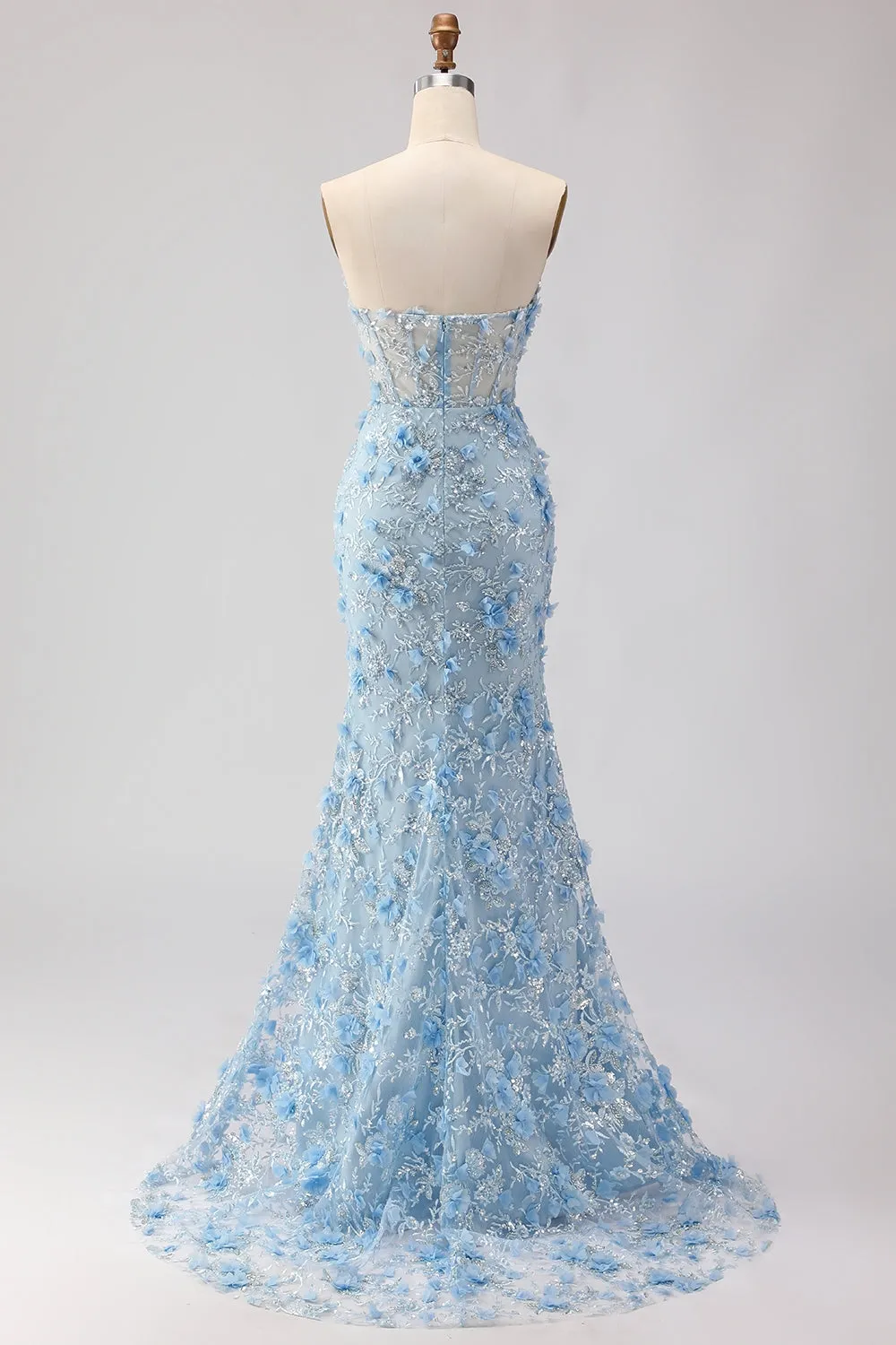 Blue Mermaid Strapless Corset 3D Flowers Sequin Long Prom Dress with Slit sold by Zapaka product image thumbnail 2