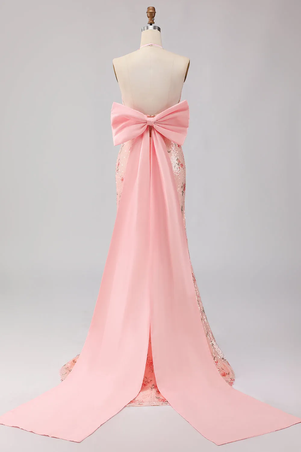 Sparkly Blush Halter Mermaid Side Slit Sequin Long Prom Dress with Large Bow sold by Zapaka product image thumbnail 2