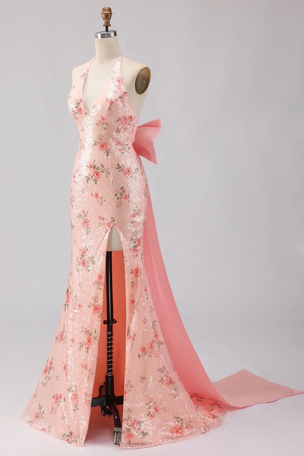 Sparkly Blush Halter Mermaid Side Slit Sequin Long Prom Dress with Large Bow sold by Zapaka product image thumbnail 5