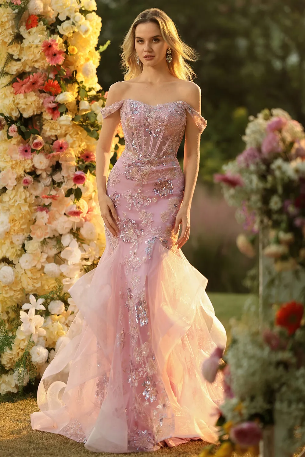 Off the Shoulder Blush Mermaid Beaded Corset Long Prom Dress with Ruffles sold by Zapaka product image thumbnail 3