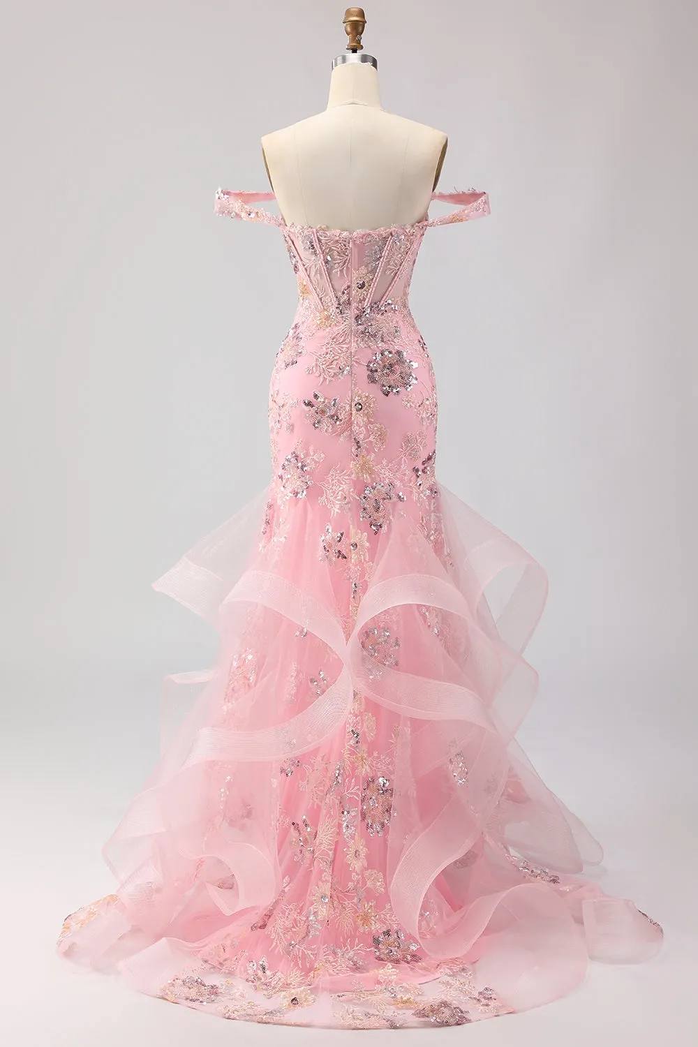 Off the Shoulder Blush Mermaid Beaded Corset Long Prom Dress with Ruffles sold by Zapaka product image thumbnail 2