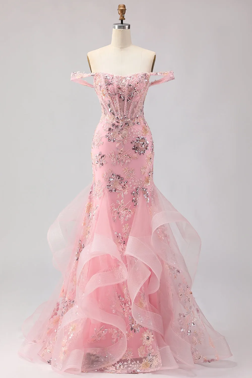 Off the Shoulder Blush Mermaid Beaded Corset Long Prom Dress with Ruffles sold by Zapaka