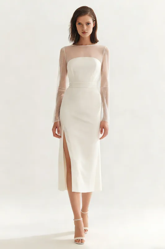 Ivory Round Neck Bodycon Midi Engagement Dress with Slit made by Zapaka