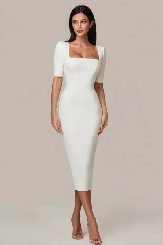 Square Neck Sheath Satin Little White Dress with Short Sleeves sold by Zapaka