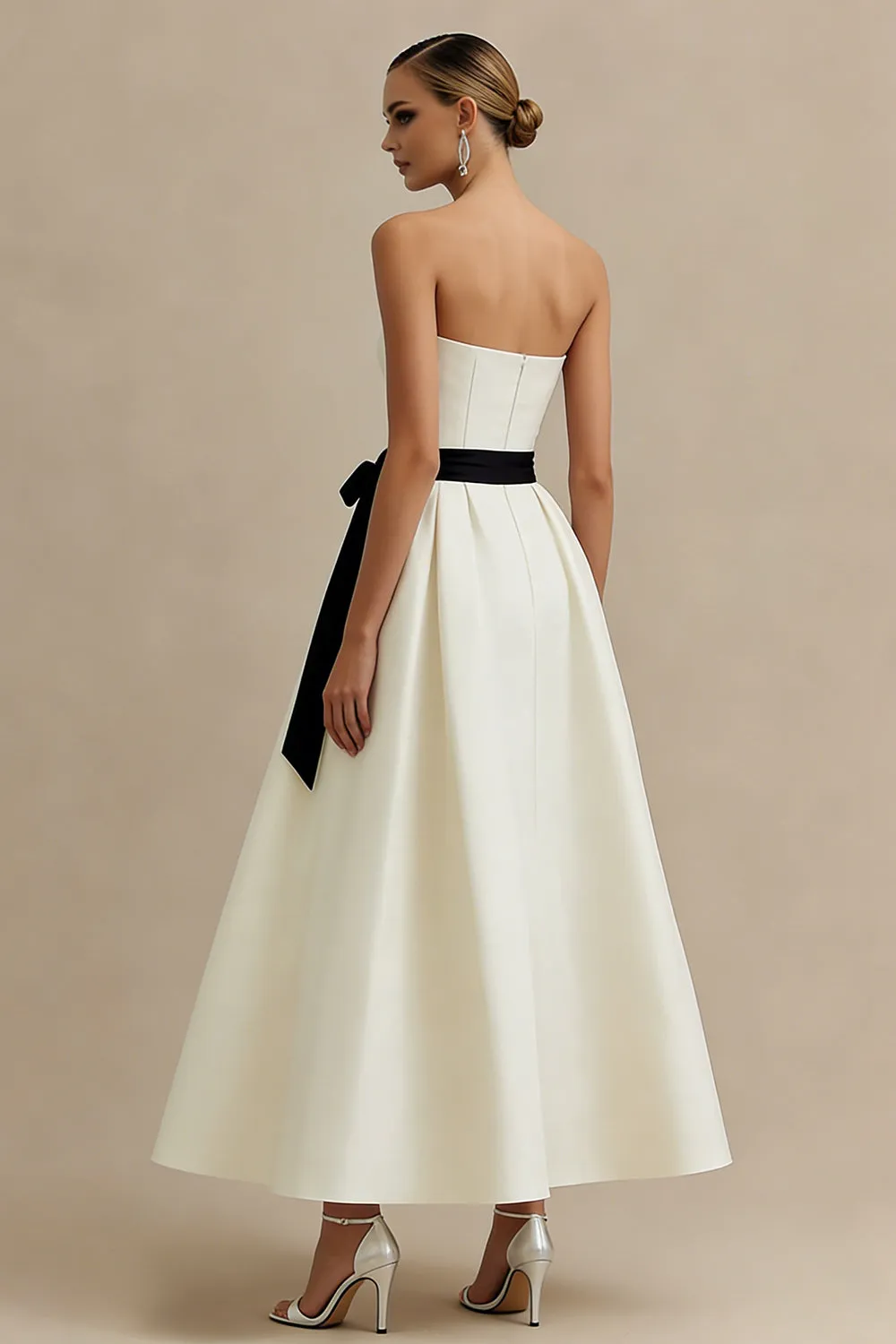 Ivory Strapless A Line Ankle Length Engagement Dress with Bow sold by Zapaka product image thumbnail 2