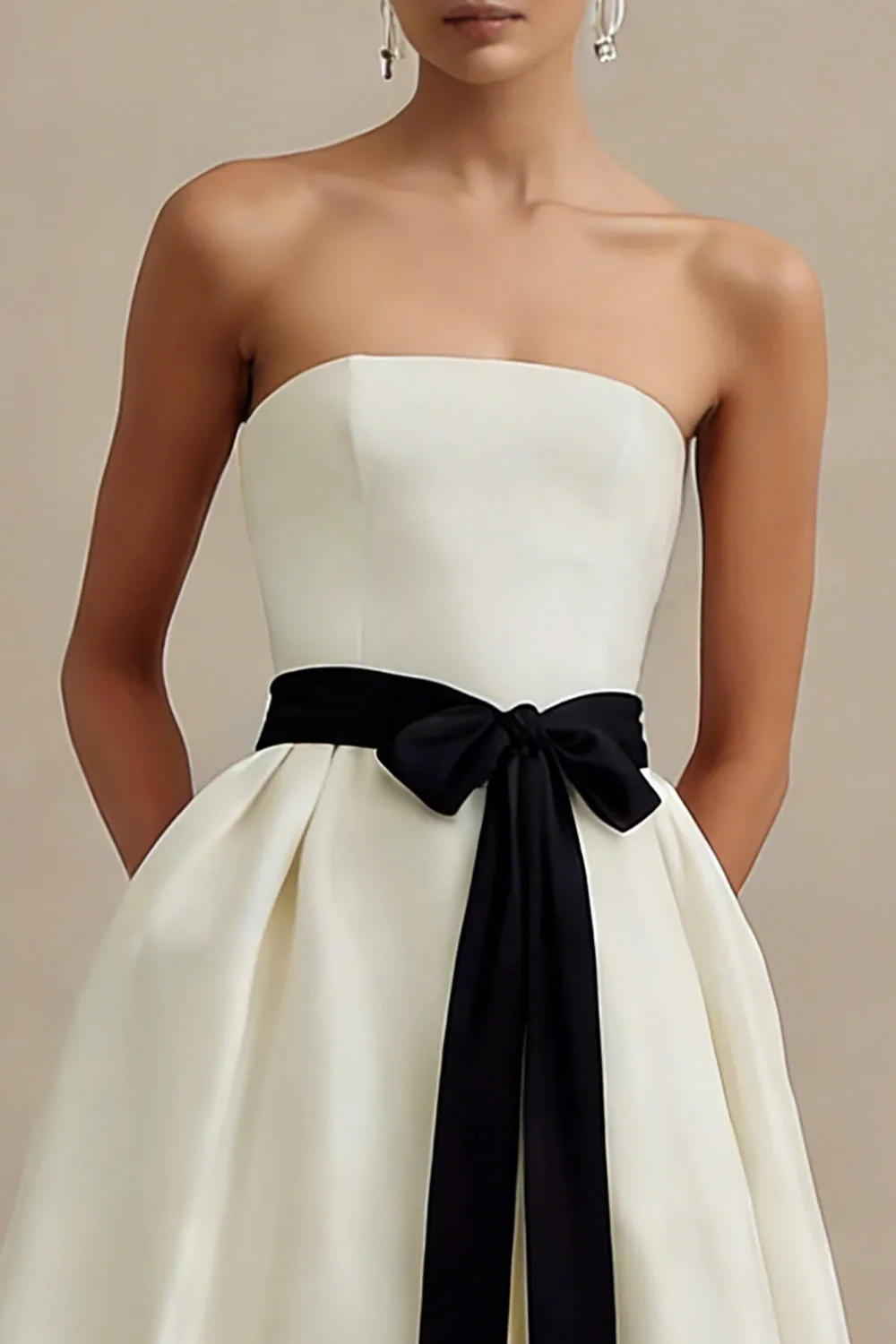 Ivory Strapless A Line Ankle Length Engagement Dress with Bow sold by Zapaka product image thumbnail 3