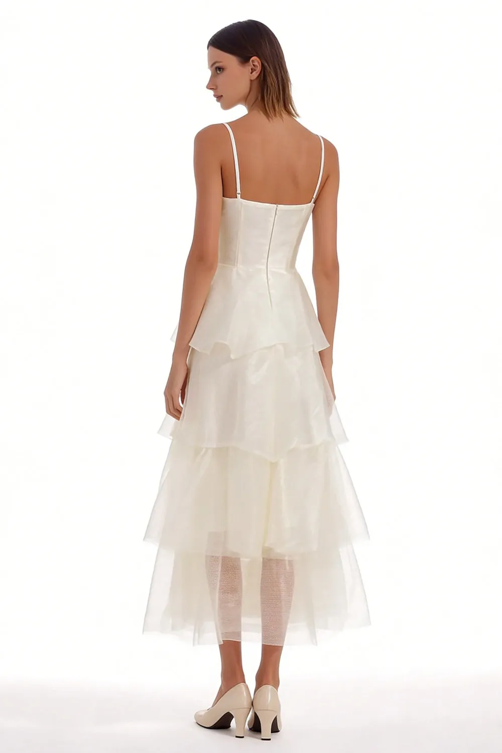 Ivory Spaghetti Straps A Line Ruffled Ankle Length Engagement Dress sold by Zapaka product image thumbnail 2