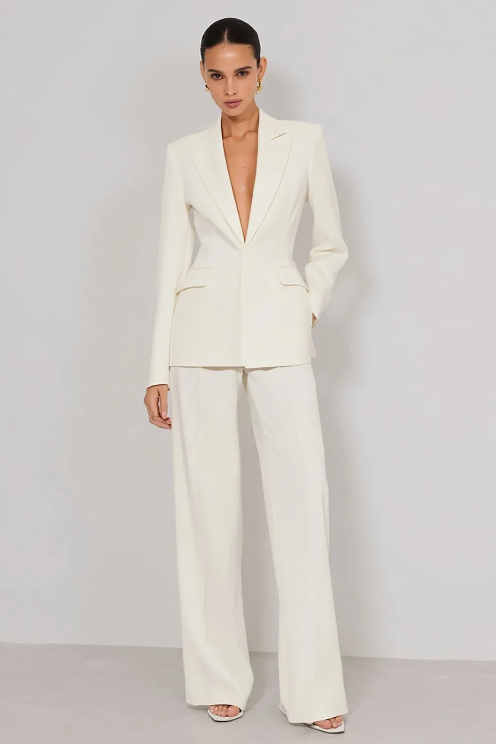 2 Piece Ivory Peaked Lapel Women's Business Suits with Pockets sold by Zapaka