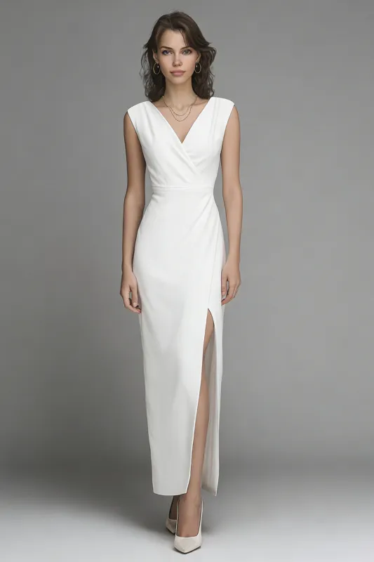 White Sheath V-Neck Long Engagement Dress with Slit sold by Zapaka