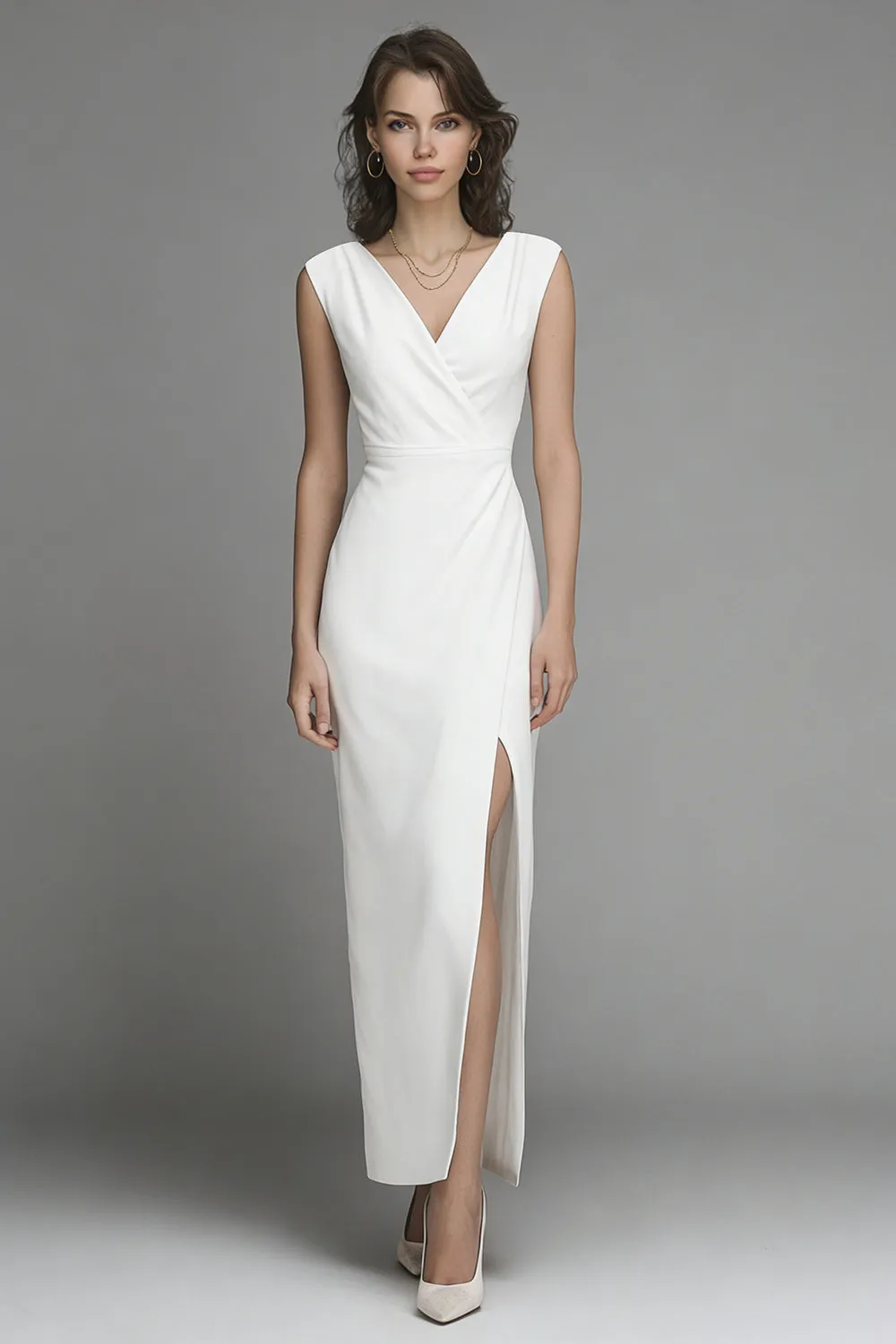 White Sheath V-Neck Long Engagement Dress with Slit sold by Zapaka