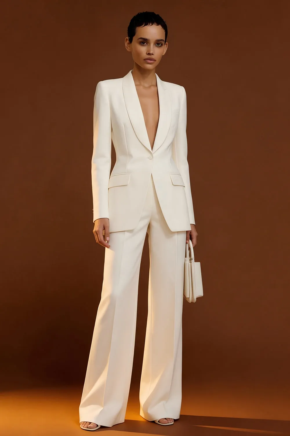 Ivory Shawl Lapel 2 Piece Single Breasted Women's Work Suits sold by Zapaka