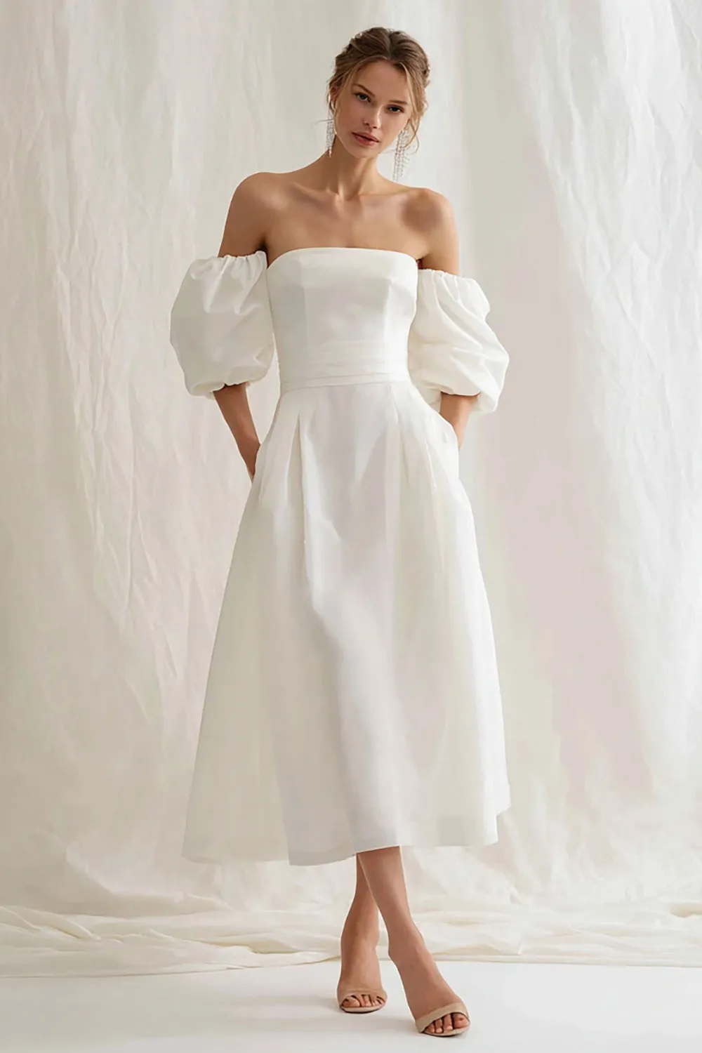 Ivory Off the Shoulder A Line Long Engagement Dress sold by Zapaka