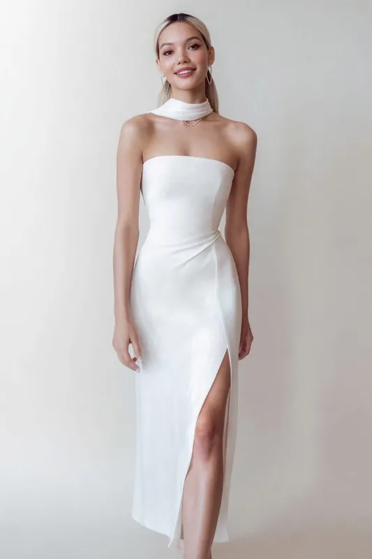 White Sheath Strapless Scarf Neck Long Engagement Dress with Slit sold by Zapaka
