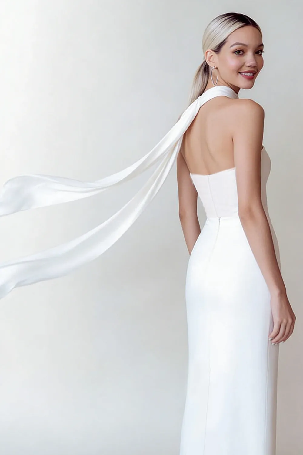 White Sheath Strapless Scarf Neck Long Engagement Dress with Slit sold by Zapaka product image thumbnail 2
