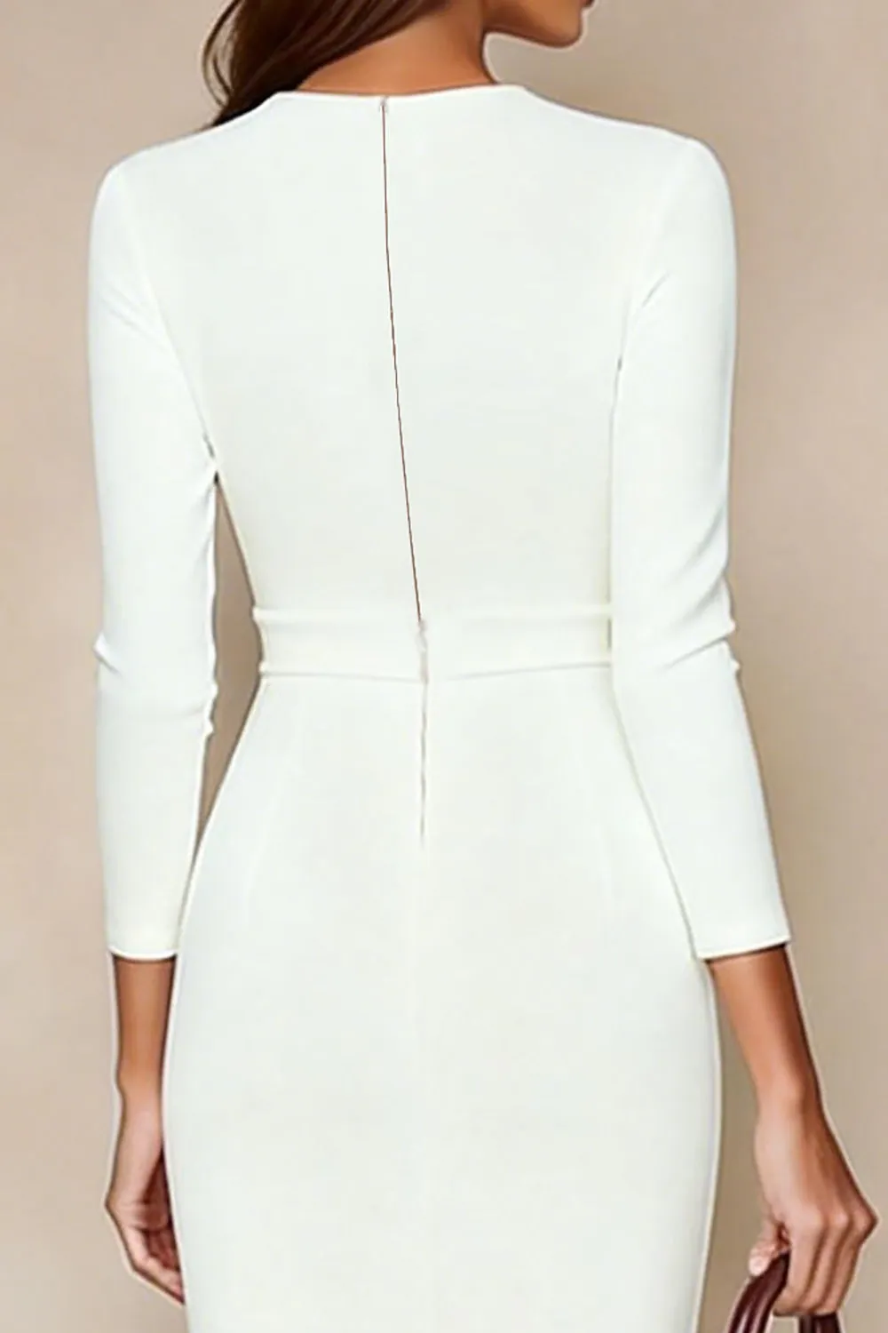 Ivory Bodycon Round Neck Midi Work Dress with 3/4 Sleeves sold by Zapaka product image thumbnail 4