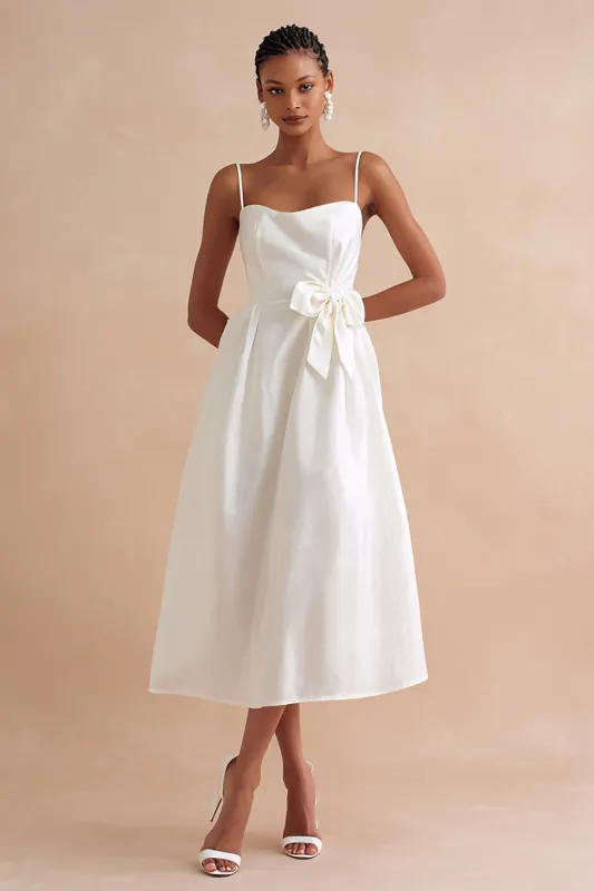 White A Line Spaghetti Straps Long Engagement Dress with Bow sold by Zapaka