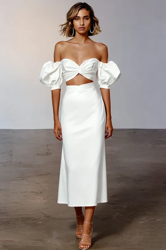 White Cut Out Satin Off the Shoulder Long Engagement Dress made by Zapaka