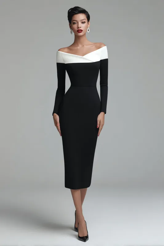 Off The Shoulder Black Sheath Long Sleeves Work Dress sold by Zapaka