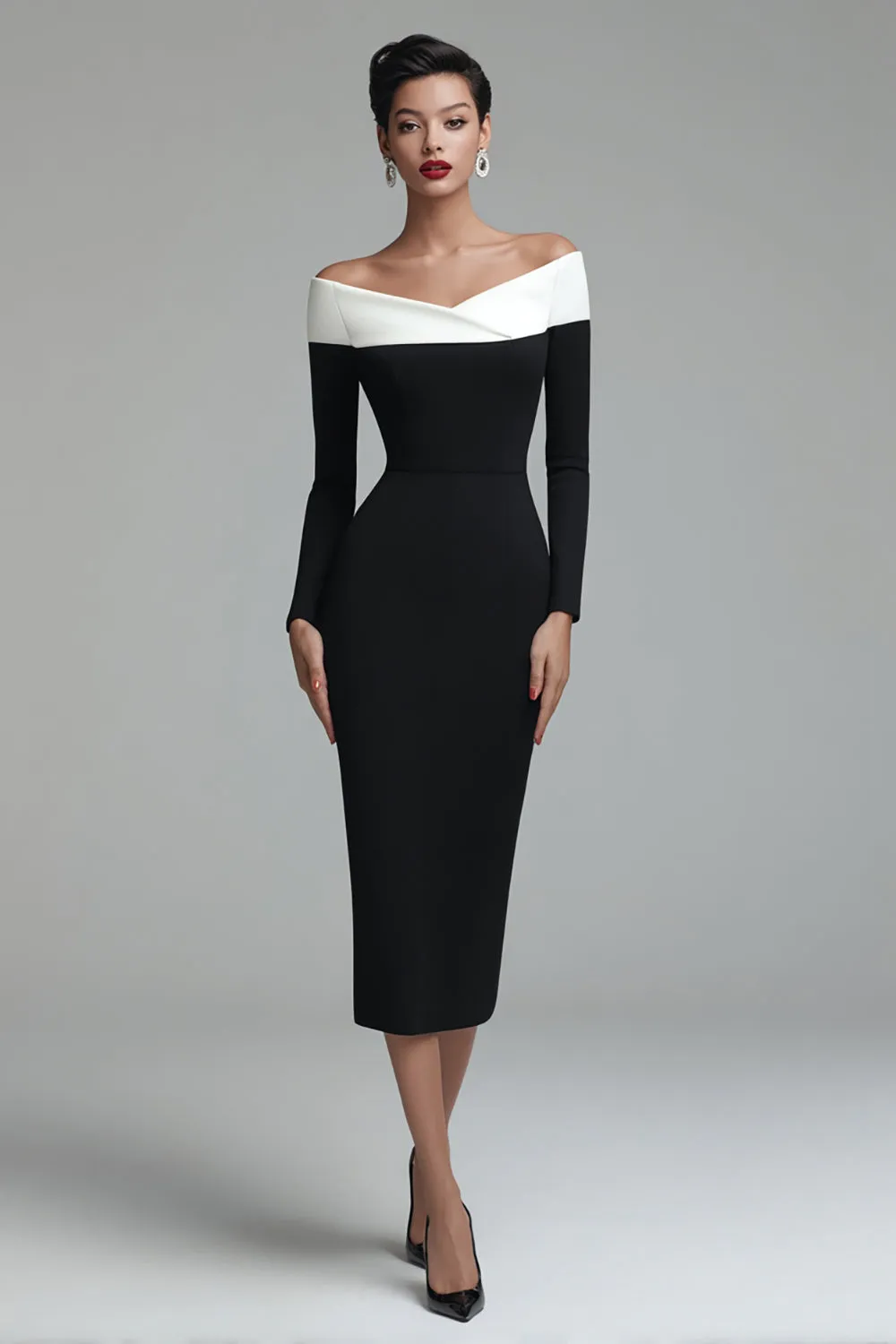 Off The Shoulder Black Sheath Long Sleeves Work Dress sold by Zapaka